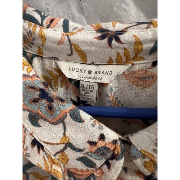 Lucky Brand Blue Orange Pink Floral Popover Peasant Top Ruffle Collar Sz Xl NWT - Picture 2 of 7